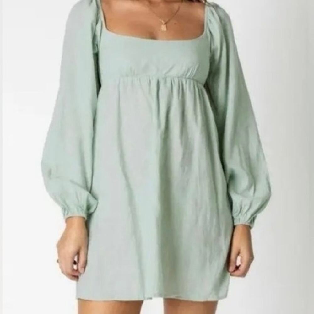 Princess Polly Olivia mini dress sage green 10 puff long sleeves open back